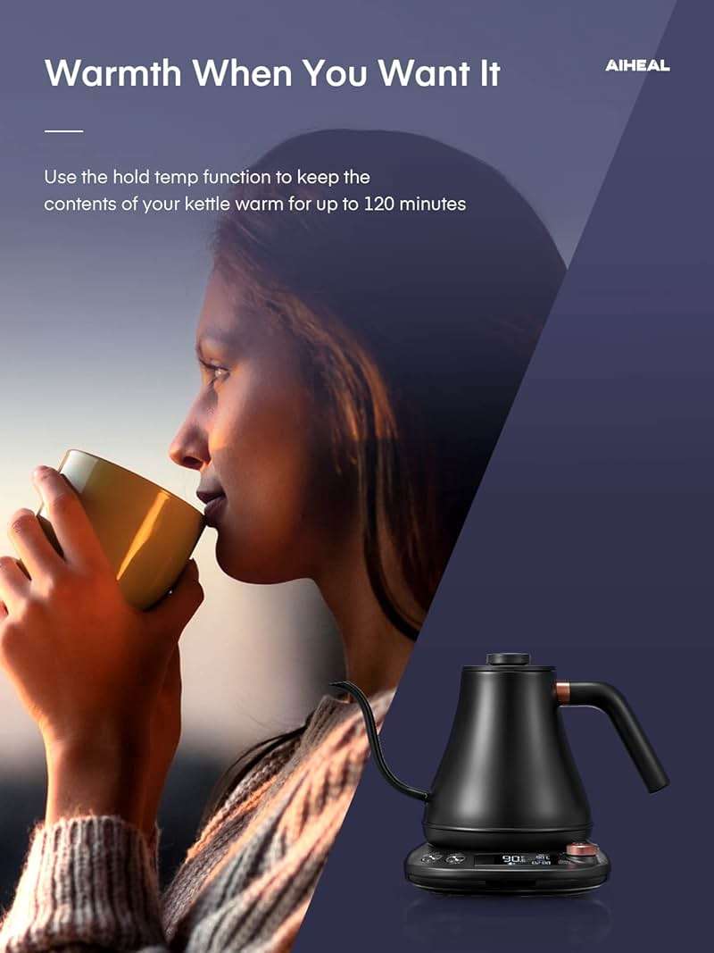 Electric Gooseneck Kettle Temperature Control, Pour Over Electric Kettle for Coffee and Tea, 100% Stainless Steel Inner, 1200W Rapid Heating, 0.8L, Built-in Stopwatch, Matte Black - Image 7