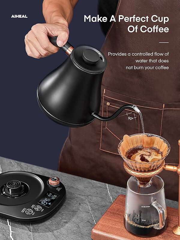 Electric Gooseneck Kettle Temperature Control, Pour Over Electric Kettle for Coffee and Tea, 100% Stainless Steel Inner, 1200W Rapid Heating, 0.8L, Built-in Stopwatch, Matte Black - Image 8