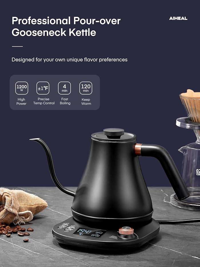 Electric Gooseneck Kettle Temperature Control, Pour Over Electric Kettle for Coffee and Tea, 100% Stainless Steel Inner, 1200W Rapid Heating, 0.8L, Built-in Stopwatch, Matte Black - Image 9
