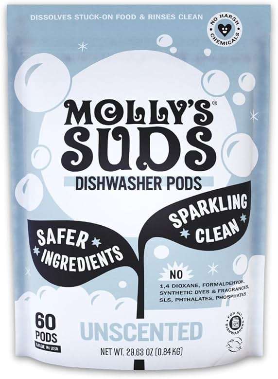 Molly's Suds Dishwasher Pods | Clean Dishwasher Detergent, Cuts Grease & Rinses Clean (Residue-Free) for Sparkling Dishes | 60 Auto-Release Tabs (Unscented) - Image 1