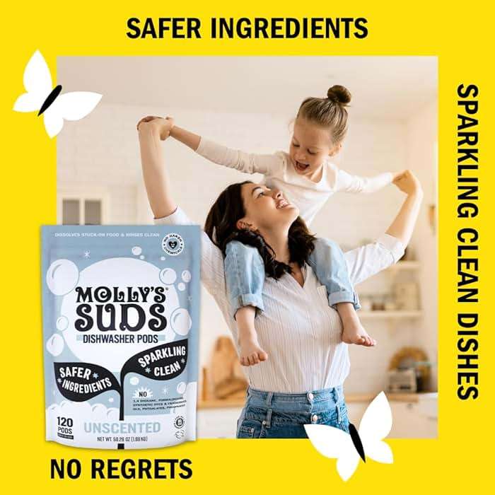 Molly's Suds Dishwasher Pods | Clean Dishwasher Detergent, Cuts Grease & Rinses Clean (Residue-Free) for Sparkling Dishes | 60 Auto-Release Tabs (Unscented) - Image 4