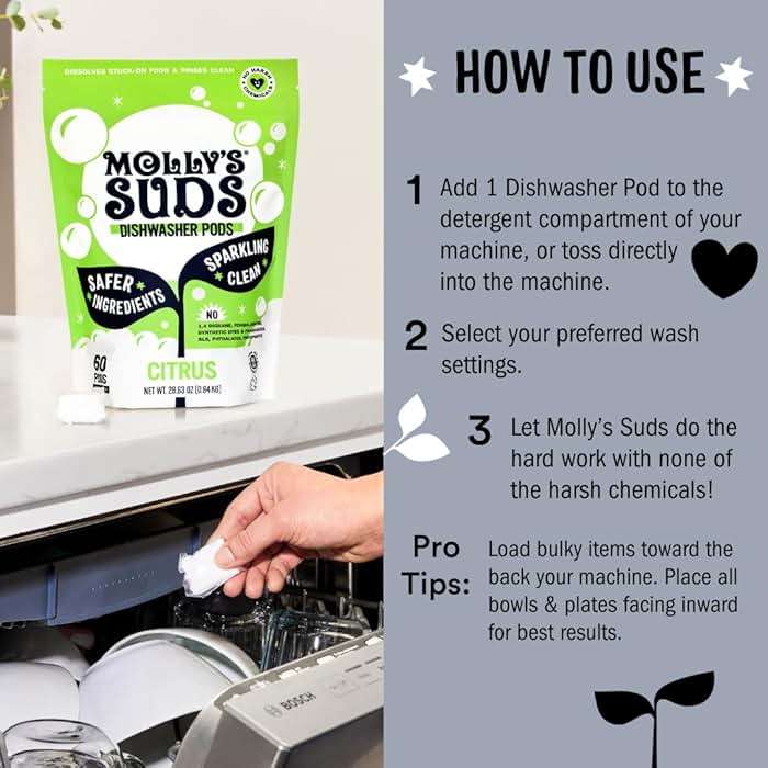 Molly's Suds Dishwasher Pods | Clean Dishwasher Detergent, Cuts Grease & Rinses Clean (Residue-Free) for Sparkling Dishes | 60 Auto-Release Tabs (Unscented) - Image 6