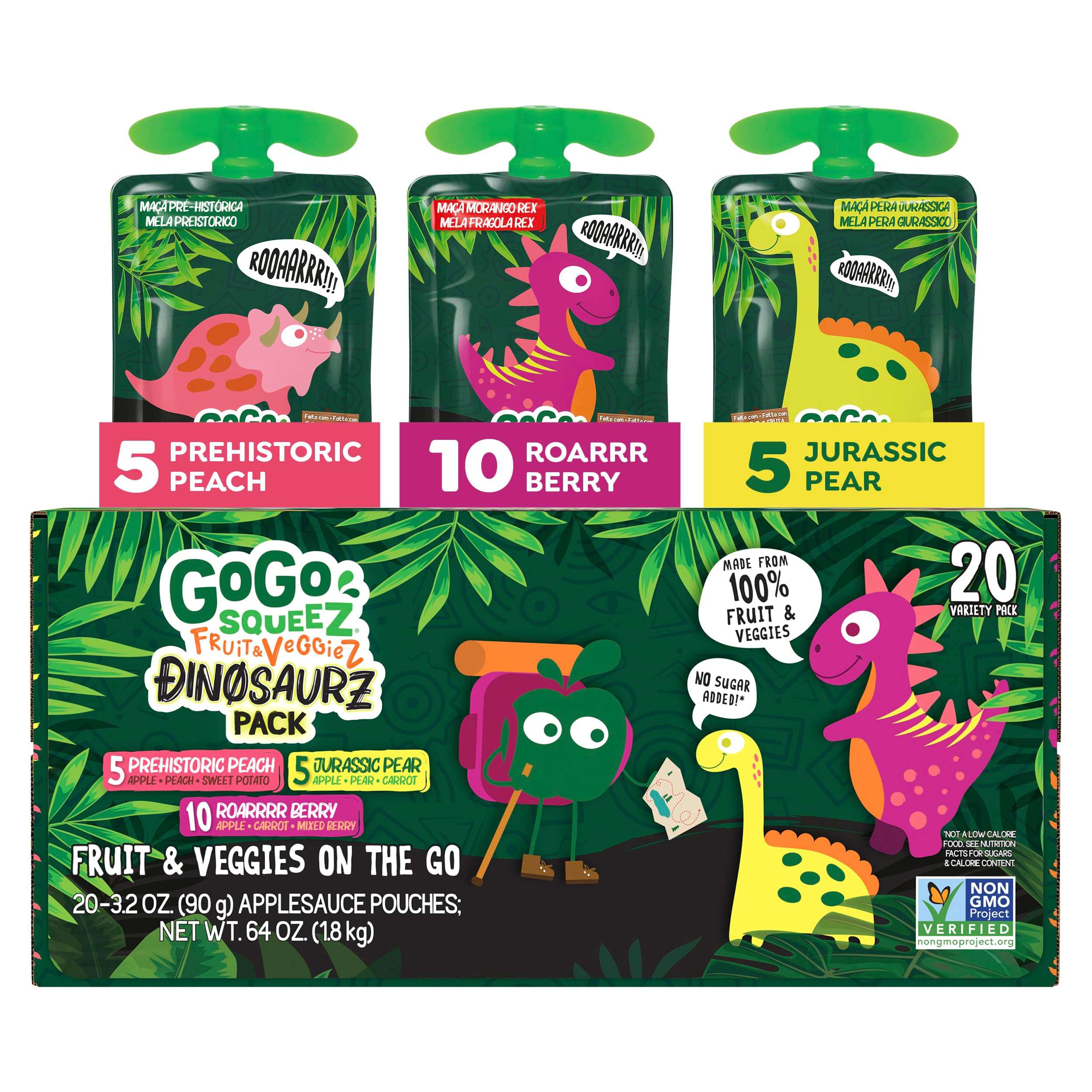 GoGo squeeZ Fruit & veggieZ Applesauce and Puree Variety Pack, Jurassic Pear, Roarrrr Berry & Prehistoric Peach, 3.2 oz (Pack of 20), Unsweetened Snacks for Kids, BPA Free Pouches - Image 1