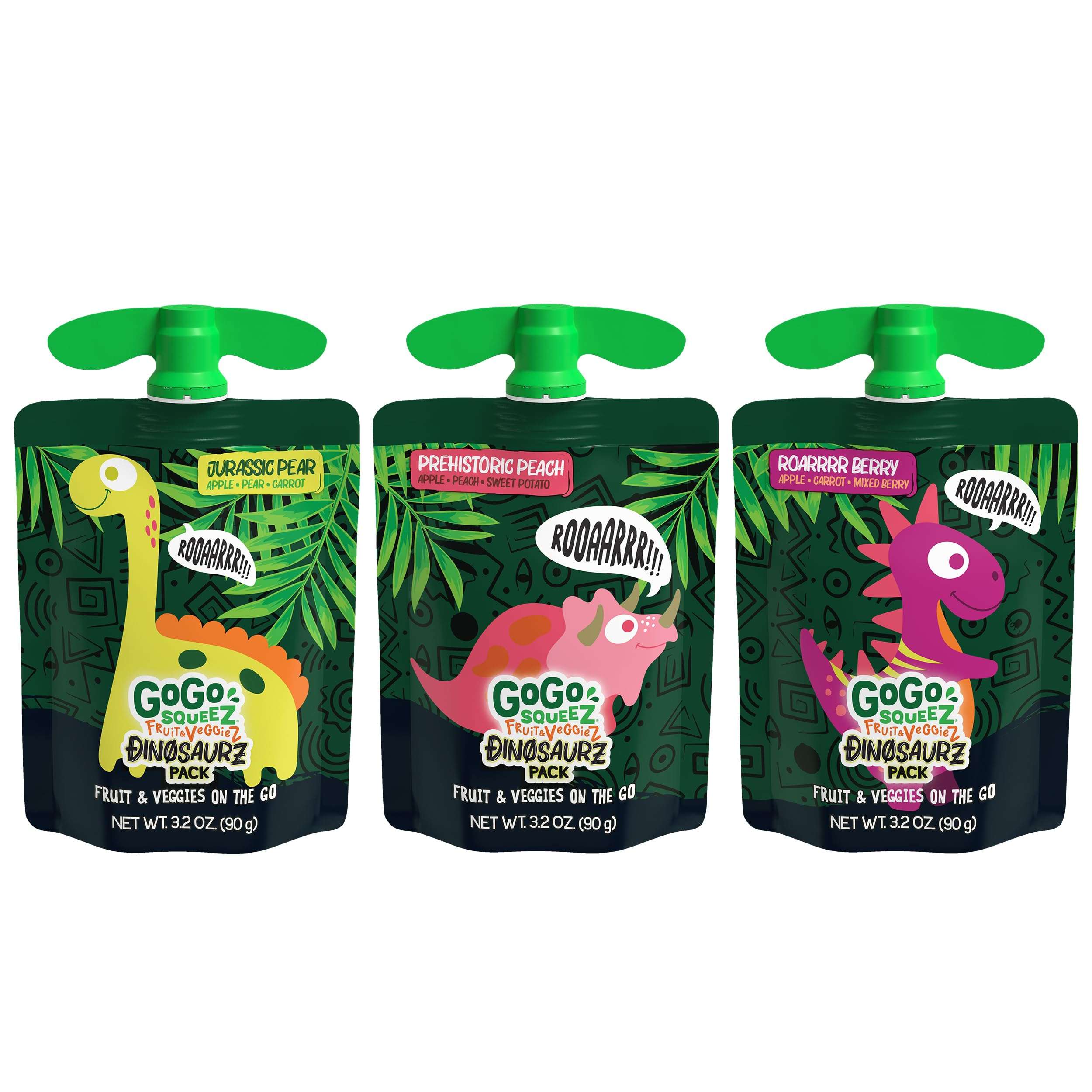GoGo squeeZ Fruit & veggieZ Applesauce and Puree Variety Pack, Jurassic Pear, Roarrrr Berry & Prehistoric Peach, 3.2 oz (Pack of 20), Unsweetened Snacks for Kids, BPA Free Pouches - Image 5