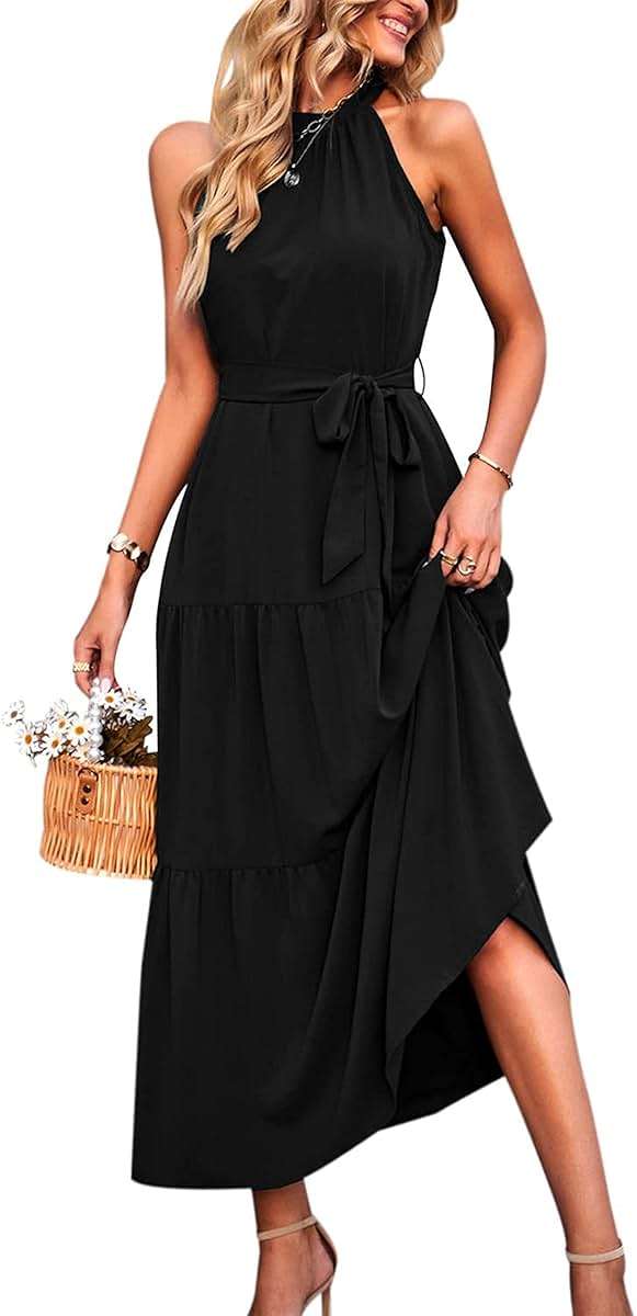 PRETTYGARDEN Women's Summer Floral Maxi Sun Dress Sleeveless Halter Neck Flowy Ruffle Hem Long Boho Dresses with Belt - Image 1