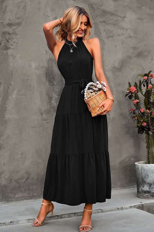 PRETTYGARDEN Women's Summer Floral Maxi Sun Dress Sleeveless Halter Neck Flowy Ruffle Hem Long Boho Dresses with Belt - Image 2