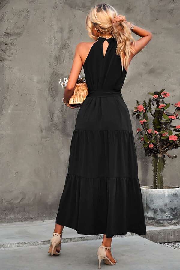 PRETTYGARDEN Women's Summer Floral Maxi Sun Dress Sleeveless Halter Neck Flowy Ruffle Hem Long Boho Dresses with Belt - Image 3