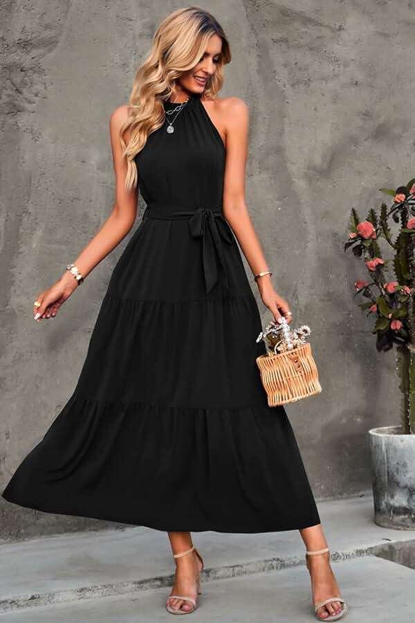 PRETTYGARDEN Women's Summer Floral Maxi Sun Dress Sleeveless Halter Neck Flowy Ruffle Hem Long Boho Dresses with Belt - Image 5