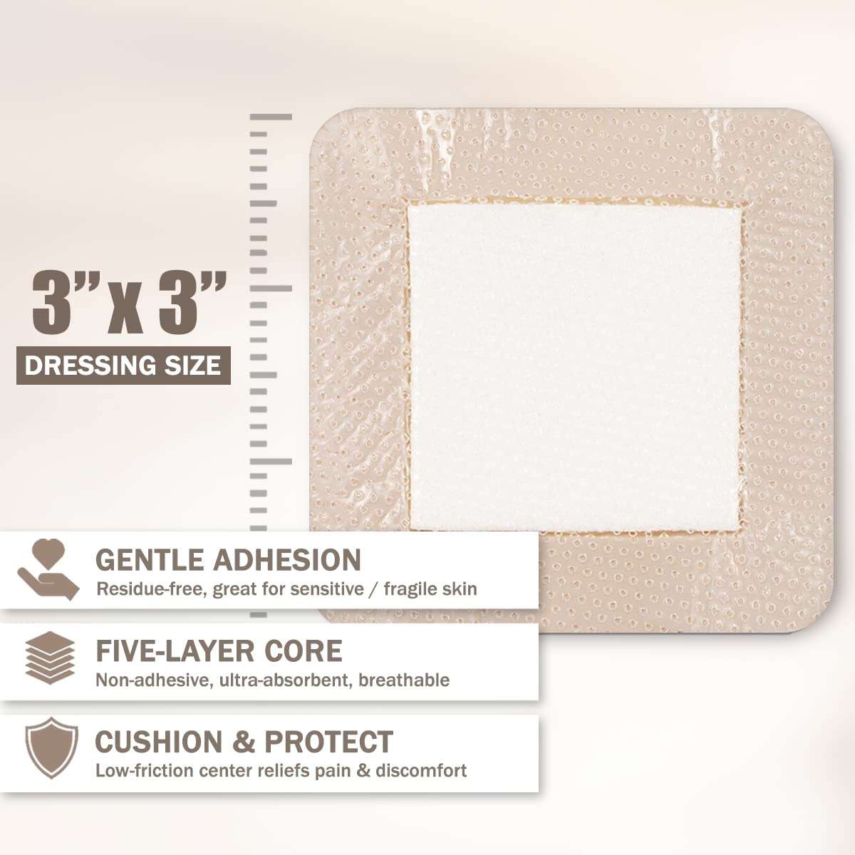 EVERLIT Care Silicone Foam Dressing with Adhesive Border | Highly Absorbent Hypoallergenic Bandages for Chronic Wounds, Bed Sores, Pressure Ulcers | Gentle & Secure Adhesion (3" x 3" | 10 Pack) - Image 2