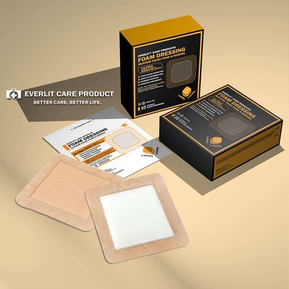 EVERLIT Care Silicone Foam Dressing with Adhesive Border | Highly Absorbent Hypoallergenic Bandages for Chronic Wounds, Bed Sores, Pressure Ulcers | Gentle & Secure Adhesion (3" x 3" | 10 Pack) - Image 6