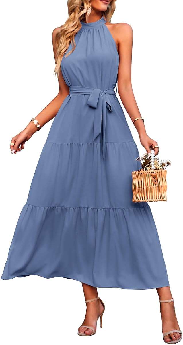 PRETTYGARDEN Women's Summer Floral Maxi Sun Dress Sleeveless Halter Neck Flowy Ruffle Hem Long Boho Dresses with Belt - Image 1