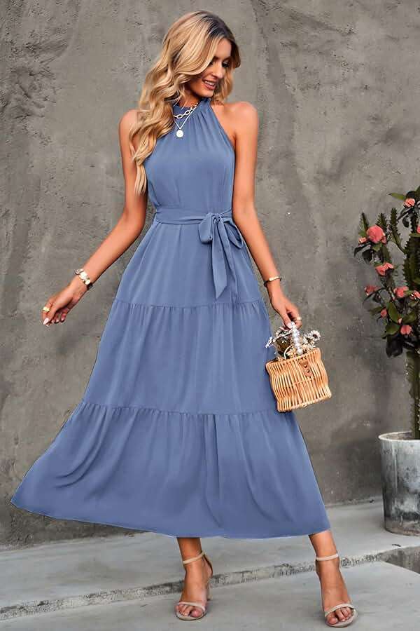 PRETTYGARDEN Women's Summer Floral Maxi Sun Dress Sleeveless Halter Neck Flowy Ruffle Hem Long Boho Dresses with Belt - Image 3