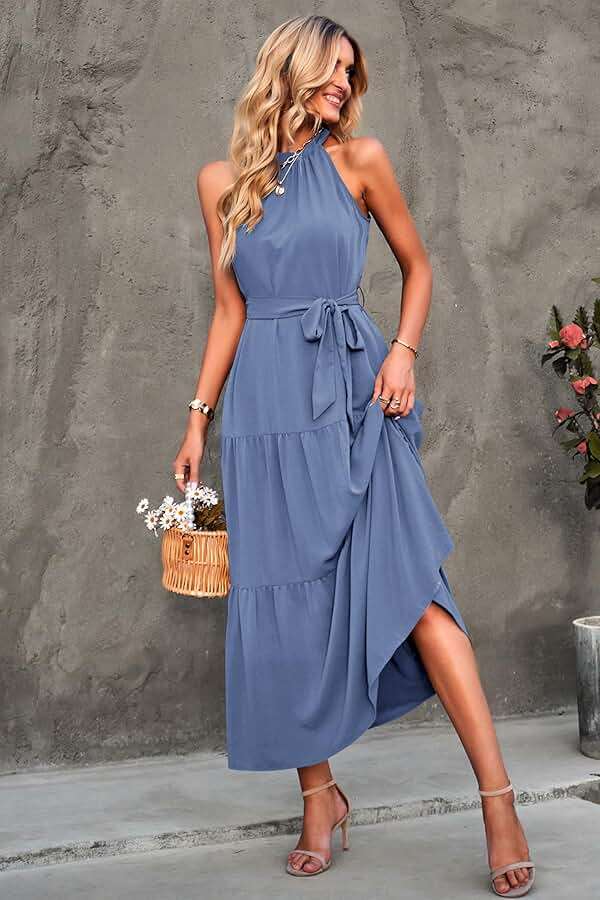 PRETTYGARDEN Women's Summer Floral Maxi Sun Dress Sleeveless Halter Neck Flowy Ruffle Hem Long Boho Dresses with Belt - Image 8
