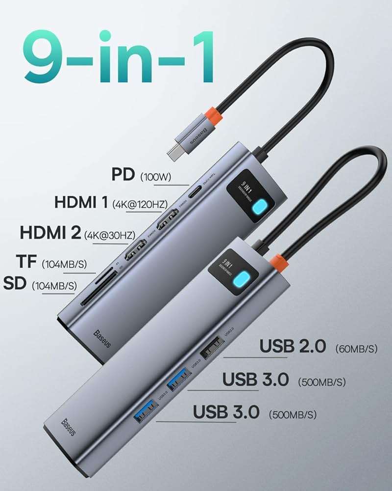Baseus Laptop Docking Station Dual Monitor 9 in 1 USB C Hub up to 4K@120Hz with 2 HDMI, 1000Mbps LAN, Max 85W PD, 3 USB, SD Card Reader,USB C Dock Compatible with iPhone/Mac/Dell/HP/Surface/Steam Deck - Image 2
