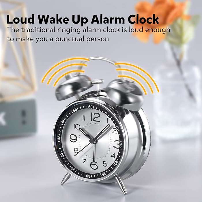 Cadmos Loud Alarm Clock for Heavy Sleepers Adults,Retro 4 Inch Silent Non-Ticking Quartz with Backlight,Twin Bell Analog Kids Alarm Clocks for Bedrooms Bedside (Blue) - Image 4