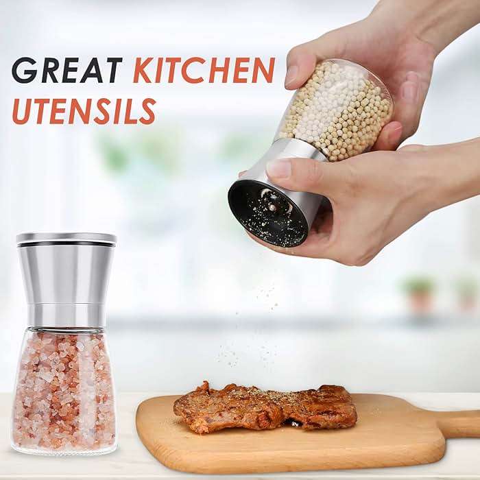 Ebaco Salt and Pepper Grinder Set - Refillable Grinder Adjustable Coarseness of Pepper Salt Spice Stainless Steel Mills Glass 6oz（2 Pack） - Image 2