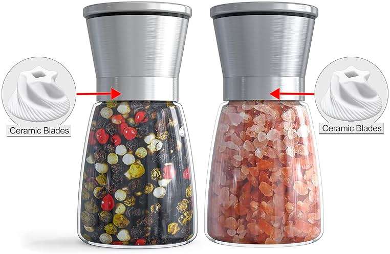 Ebaco Salt and Pepper Grinder Set - Refillable Grinder Adjustable Coarseness of Pepper Salt Spice Stainless Steel Mills Glass 6oz（2 Pack） - Image 3