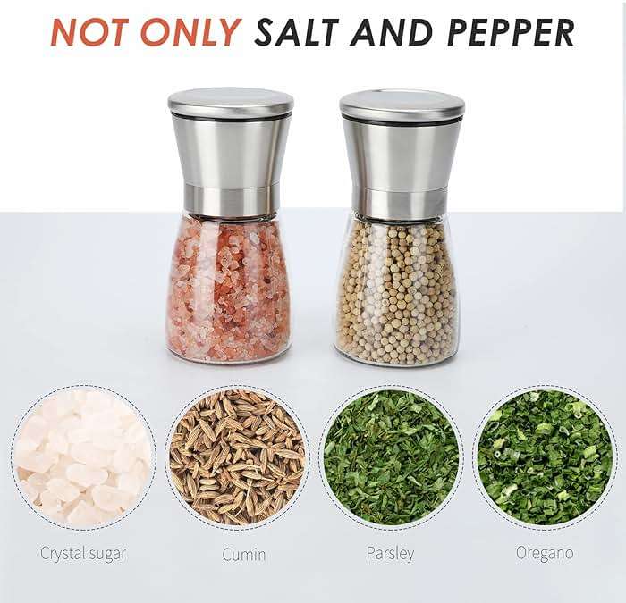 Ebaco Salt and Pepper Grinder Set - Refillable Grinder Adjustable Coarseness of Pepper Salt Spice Stainless Steel Mills Glass 6oz（2 Pack） - Image 5