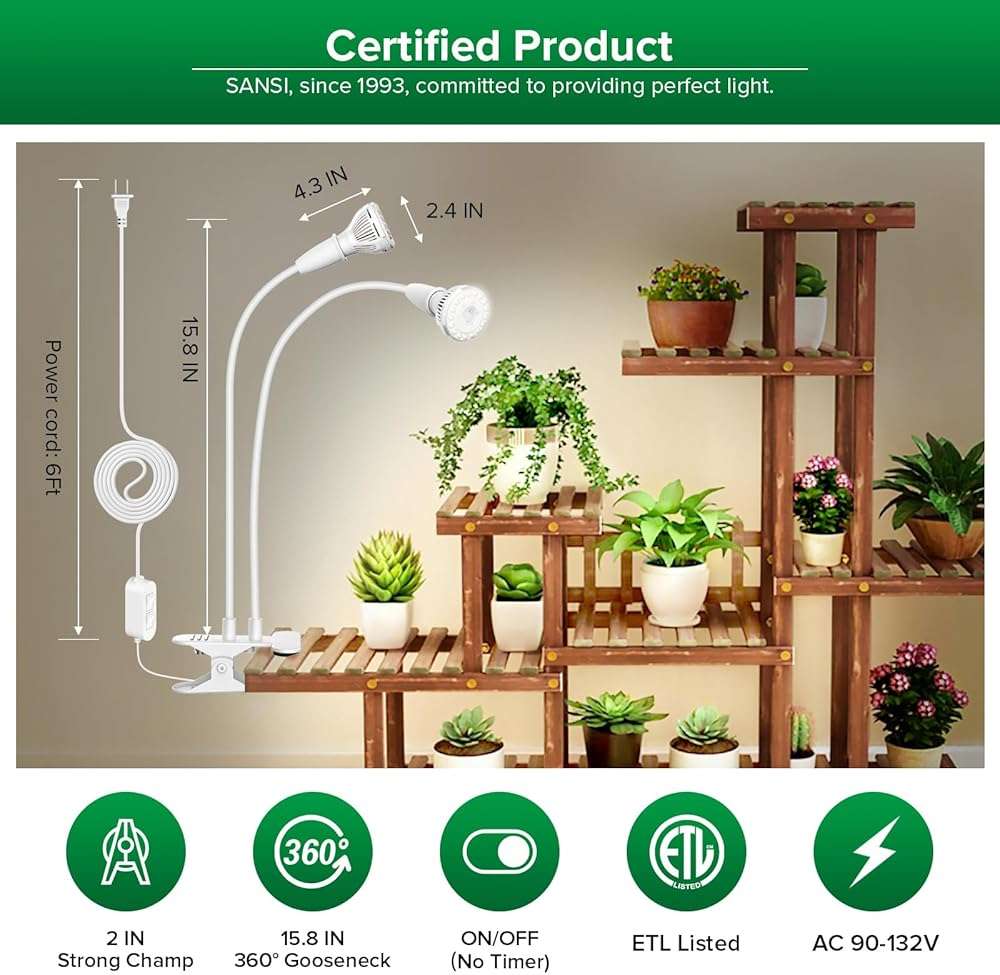SANSI LED Grow Lights for Indoor Plants, 300W Full Spectrum Clip-on Gooseneck Grow Light with Ceramic Tech.,20W Plant Light for Indoor Growing High PPFD, Lifetime Free Bulb Replacement White, No Timer - Image 4