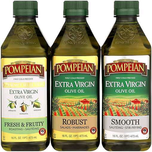 Pompeian Extra Virgin Olive Oil Variety Pack - Smooth EVOO, Gourmet Selection EVOO, Robust EVOO, Contains Polyphenols, First Cold Pressed, 16 Fl Oz, Pack of 3 - Image 1