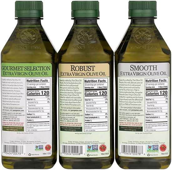 Pompeian Extra Virgin Olive Oil Variety Pack - Smooth EVOO, Gourmet Selection EVOO, Robust EVOO, Contains Polyphenols, First Cold Pressed, 16 Fl Oz, Pack of 3 - Image 3