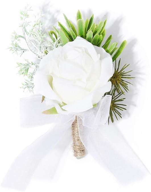 Latious Wedding Rose Boutonniere White Groom Flower Men's Boutineer Prom Buttonholes Party Suit Decor Anniversary Accessories for Bridegroom and Man (A- White) - Image 1