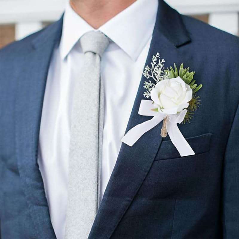 Latious Wedding Rose Boutonniere White Groom Flower Men's Boutineer Prom Buttonholes Party Suit Decor Anniversary Accessories for Bridegroom and Man (A- White) - Image 4