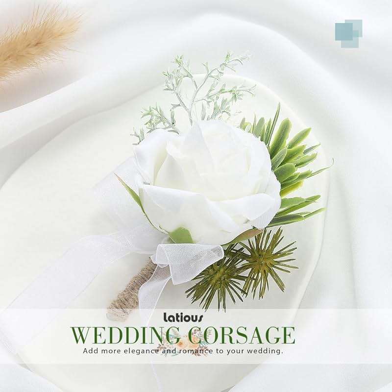 Latious Wedding Rose Boutonniere White Groom Flower Men's Boutineer Prom Buttonholes Party Suit Decor Anniversary Accessories for Bridegroom and Man (A- White) - Image 6