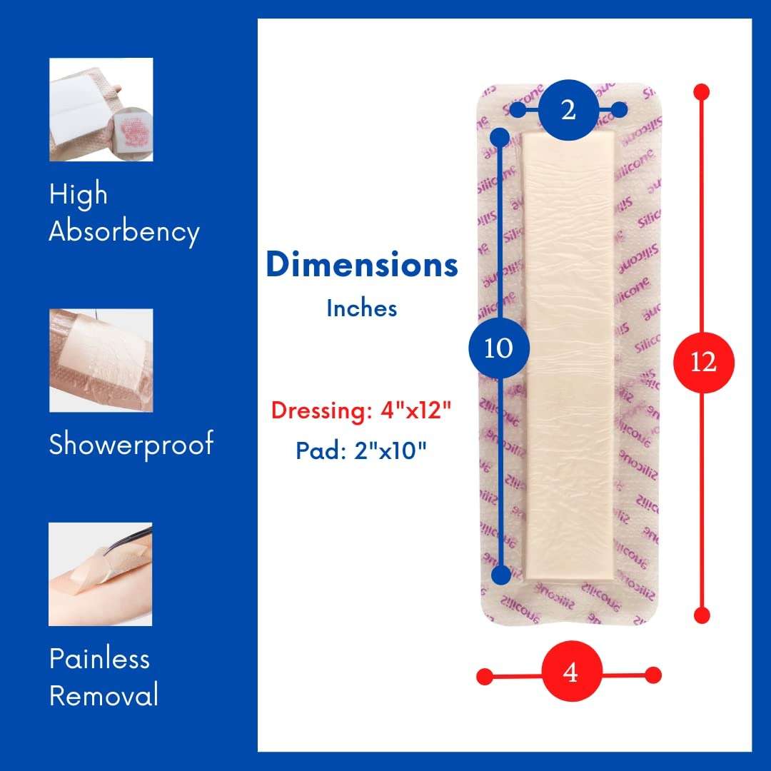 ALL GOOODA Silicone Foam Dressing 4”x12”[3 Pack] Post-Op Gentle Adhesive Border for Surgical Wound Care, Incision, Sacrum, Pressure Sore, Diabetic Ulcer, Extra Long Large Wound Bandage - Image 4