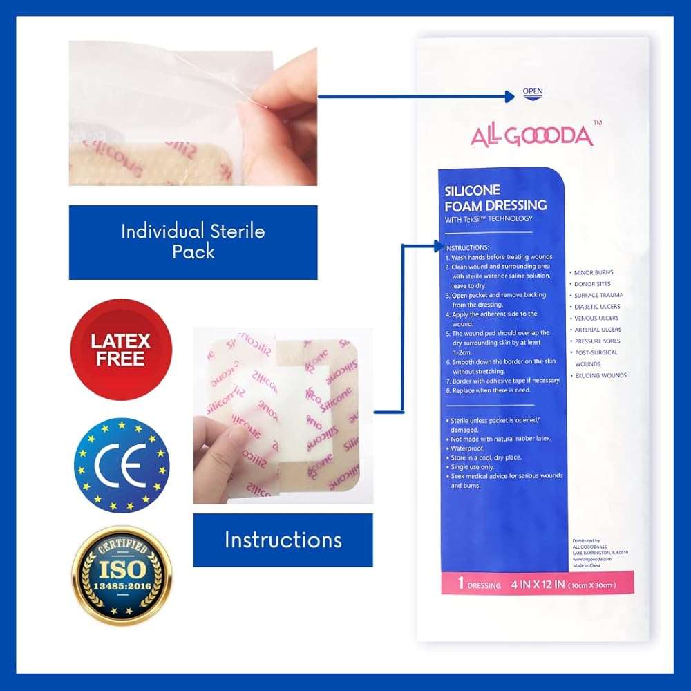 ALL GOOODA Silicone Foam Dressing 4”x12”[3 Pack] Post-Op Gentle Adhesive Border for Surgical Wound Care, Incision, Sacrum, Pressure Sore, Diabetic Ulcer, Extra Long Large Wound Bandage - Image 5