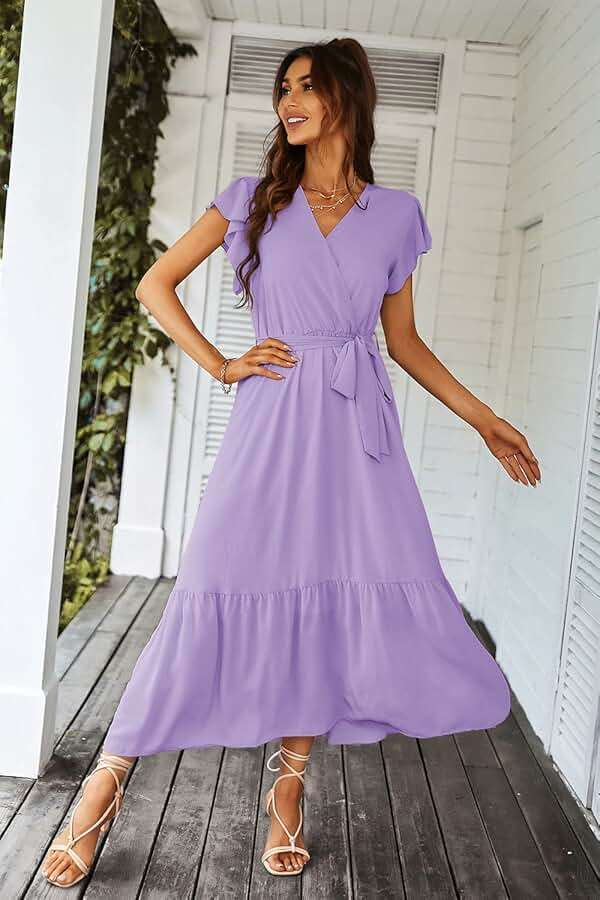 PRETTYGARDEN Women's Summer Floral Boho Maxi Dress Short Sleeve Wrap V Neck Ruffle Long Flowy Beach Wedding Guest Dresses - Image 2