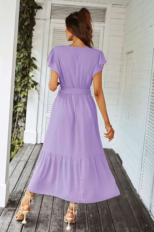 PRETTYGARDEN Women's Summer Floral Boho Maxi Dress Short Sleeve Wrap V Neck Ruffle Long Flowy Beach Wedding Guest Dresses - Image 3