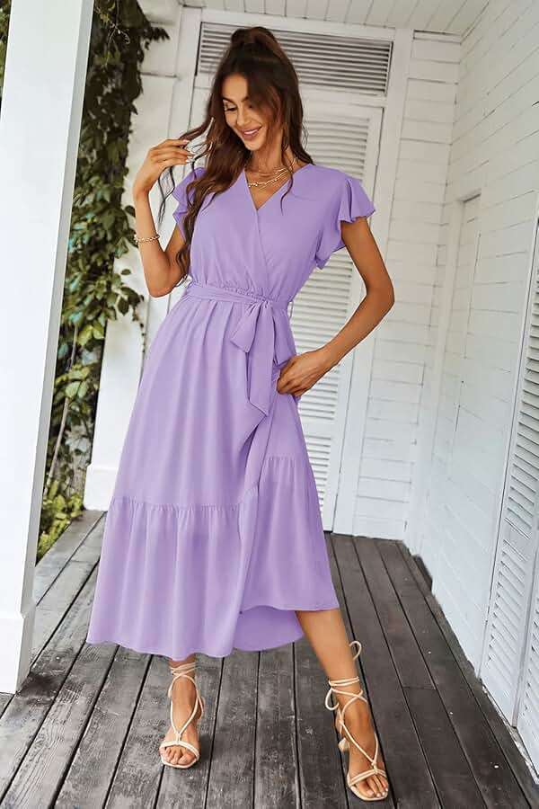 PRETTYGARDEN Women's Summer Floral Boho Maxi Dress Short Sleeve Wrap V Neck Ruffle Long Flowy Beach Wedding Guest Dresses - Image 4