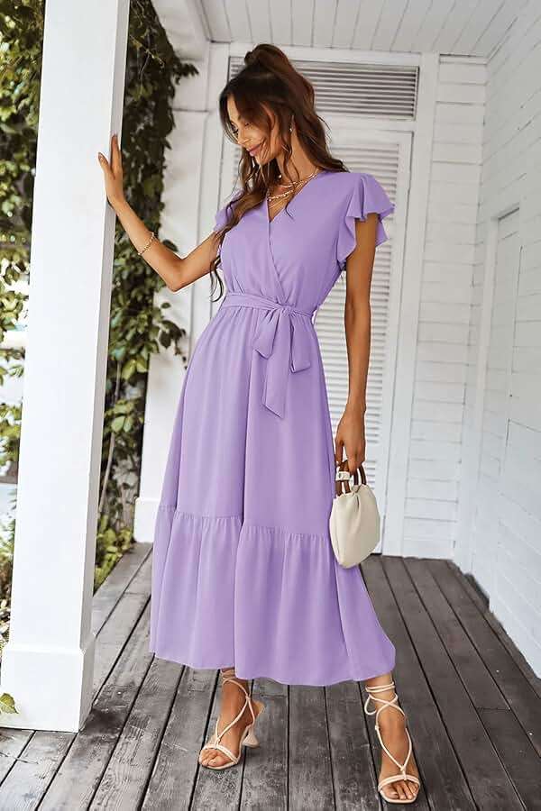 PRETTYGARDEN Women's Summer Floral Boho Maxi Dress Short Sleeve Wrap V Neck Ruffle Long Flowy Beach Wedding Guest Dresses - Image 5