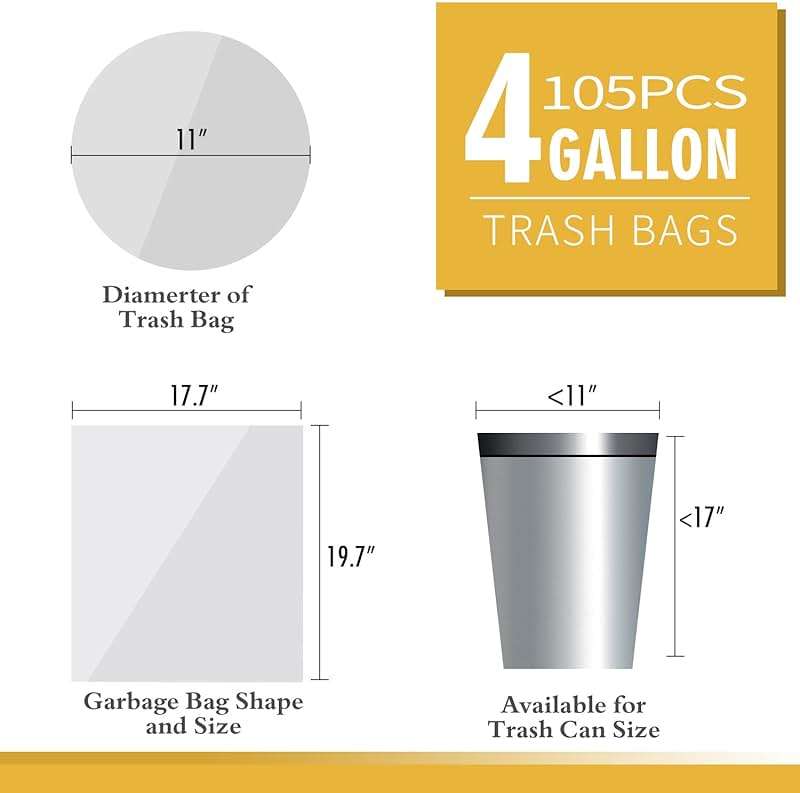 105 Count Small Trash Bags, 4 Gallon Garbage Can Liners - Unscented Wastebasket Clear Trash Bags for Bathroom, Kitchen, Bedroom, Cleaning Supplies (15 Liter) - Image 2