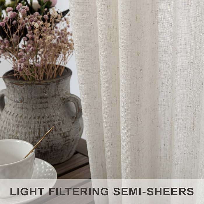 Natural Linen Back Tab Curtains 84 Inch Length for Living Room 2 Panel Pocket Drape Light Filtering Semi Sheer Neutral Country Rustic Farmhouse Boho Curtain Bedroom Muslin Look Ivory Cream Colored - Image 3