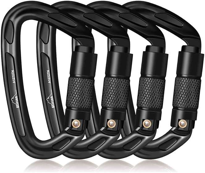 BEIFENG 25KN Auto Locking Carabiner - UIAA Certified Heavy Duty Climbing Carabiners for Rock Climbing, Camping, Rappelling, Hunting, Rescue Equipment - Professional Carabiner Clips (Black) - Image 1
