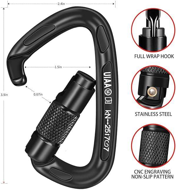 BEIFENG 25KN Auto Locking Carabiner - UIAA Certified Heavy Duty Climbing Carabiners for Rock Climbing, Camping, Rappelling, Hunting, Rescue Equipment - Professional Carabiner Clips (Black) - Image 2