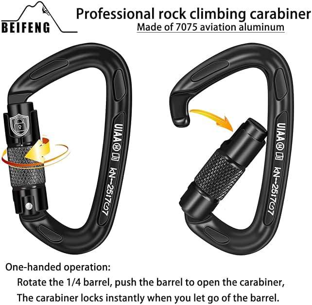 BEIFENG 25KN Auto Locking Carabiner - UIAA Certified Heavy Duty Climbing Carabiners for Rock Climbing, Camping, Rappelling, Hunting, Rescue Equipment - Professional Carabiner Clips (Black) - Image 3