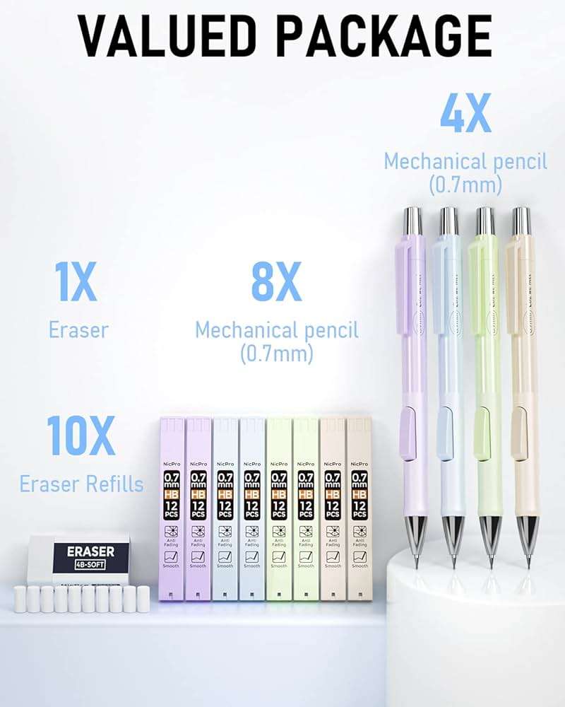 Nicpro 4 PCS Pastel Mechanical Pencil 0.7mm, Cute Fast Click Mechanical Pencils Set with 8 Tubes HB Lead Refills, Erasers, Eraser Refills for School, Student Writing, Drawing, Sketching - with Case - Image 2