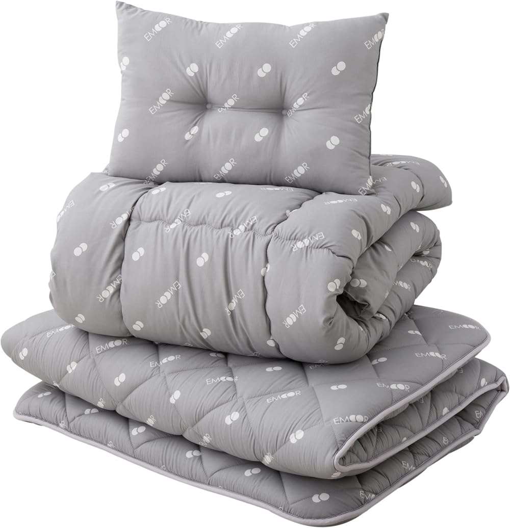 EMOOR Japanese Futon Set (Mattress, Comforter, Pillow) Twin-XL, Made in Japan, Gray with Logo, CLASSE III Foldable Sleeping Bed Tatami Mat Shikibuton - Image 1