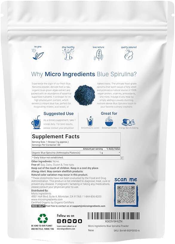 Organic Blue Spirulina Powder (Phycocyanin Extract), 60 Servings - No Fishy Smell, 100% Vegan Protein from Blue-Green Algae, Natural Luminous Food Coloring for Smoothies, Baking, Drinks & Cooking - Image 2