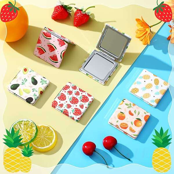 Vicenpal Compact Summer Mirror Small Pocket Fruit Design Mini Magnifying Portable Makeup Compact PU Leather Double Sidepocket Mirror for Mother's Day Women Party Baby Shower Gifts(Fruit Style) - Image 2