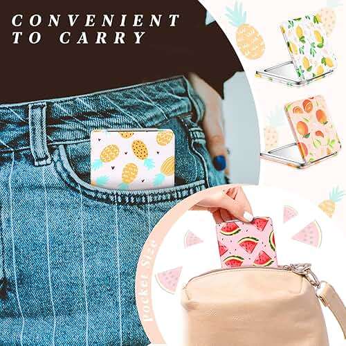 Vicenpal Compact Summer Mirror Small Pocket Fruit Design Mini Magnifying Portable Makeup Compact PU Leather Double Sidepocket Mirror for Mother's Day Women Party Baby Shower Gifts(Fruit Style) - Image 3