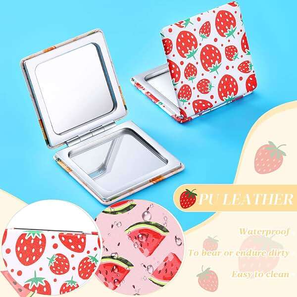 Vicenpal Compact Summer Mirror Small Pocket Fruit Design Mini Magnifying Portable Makeup Compact PU Leather Double Sidepocket Mirror for Mother's Day Women Party Baby Shower Gifts(Fruit Style) - Image 6