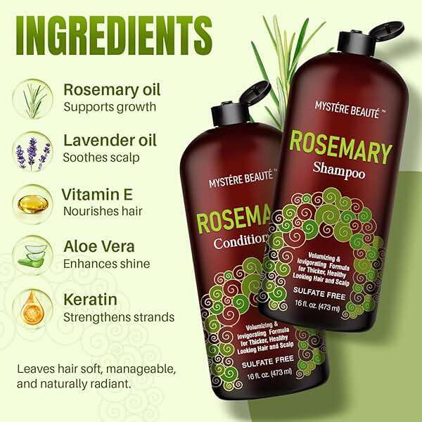 MYSTÉRE BEAUTÉ Rosemary Shampoo and Conditioner Set for Hair Growth - 16 oz Each - Sulfate Free with Biotin, Keratin & Argan Oil - Strengthens, Thickens & Reduces Thinning for Men and Women - Image 3