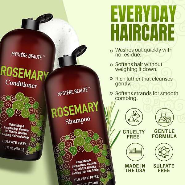 MYSTÉRE BEAUTÉ Rosemary Shampoo and Conditioner Set for Hair Growth - 16 oz Each - Sulfate Free with Biotin, Keratin & Argan Oil - Strengthens, Thickens & Reduces Thinning for Men and Women - Image 4