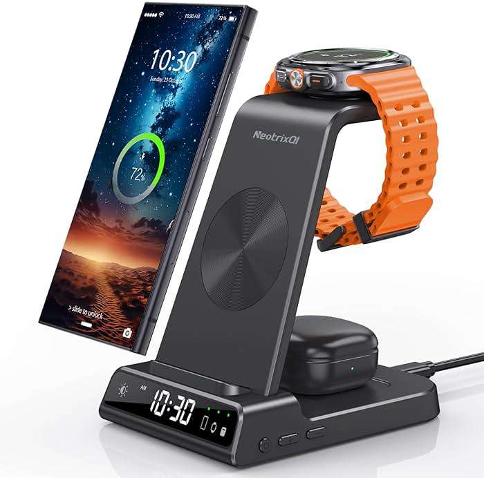Wireless Charger for Samsung Charging Station: 3 in 1 Android Charging Stand with Dimmable Clock - Nightstand Organizer for Galaxy S25 Ultra, Galaxy Watch 8 7 6 5 4, Galaxy Buds (Not for iWatch) - Image 1