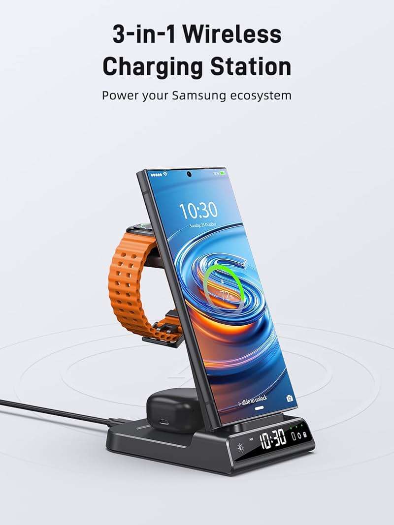 Wireless Charger for Samsung Charging Station: 3 in 1 Android Charging Stand with Dimmable Clock - Nightstand Organizer for Galaxy S25 Ultra, Galaxy Watch 8 7 6 5 4, Galaxy Buds (Not for iWatch) - Image 2