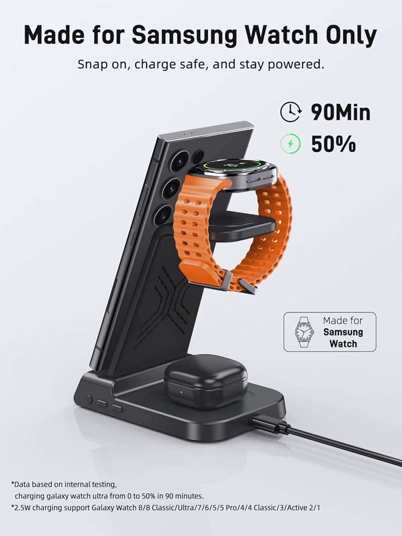 Wireless Charger for Samsung Charging Station: 3 in 1 Android Charging Stand with Dimmable Clock - Nightstand Organizer for Galaxy S25 Ultra, Galaxy Watch 8 7 6 5 4, Galaxy Buds (Not for iWatch) - Image 3